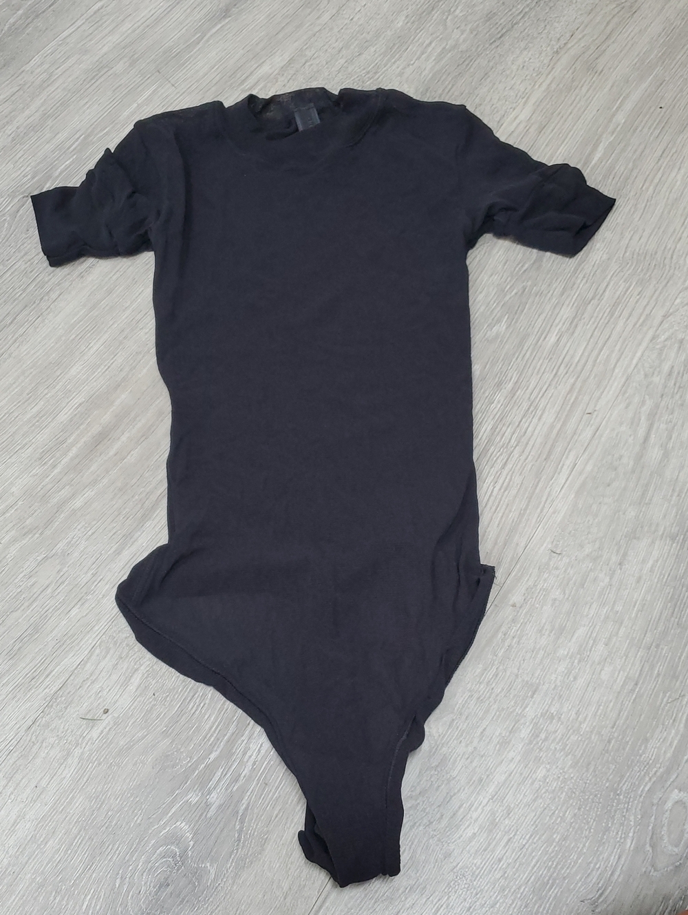 Skims Mesh Black Short Sleeve Crew Thong Bodysuit Xxs